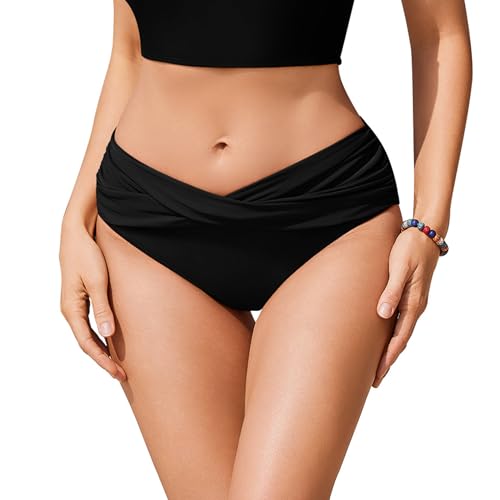 Ekouaer Damen Bikinihose V-Schnitt Ruched Bauchweg Badehose Bikini Unterteil Bademode Schwarz M