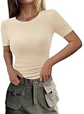 PRETTYGARDEN Women 2026 Summer Crew Neck Short Sleeve Tops Ribbed Knit Slim Fit Fashion Basic Tee Shirts Casual Going Out Top (Beige,X-Large)
