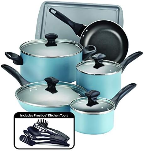 Farberware Dishwasher Safe Nonstick Cookware Pots and Pans Set, 15 Piece, Aqua