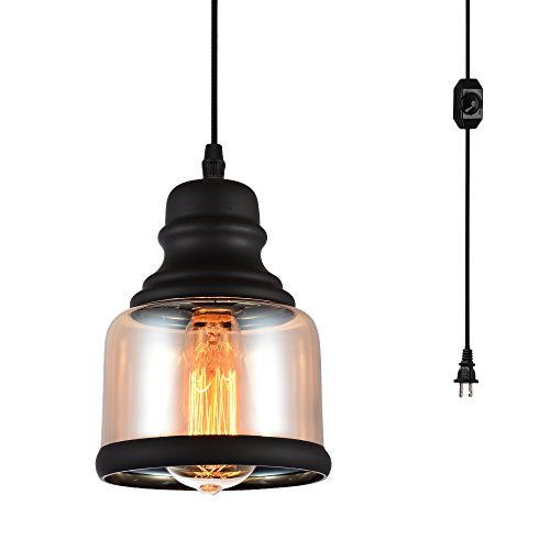 HMVPL Glass Hanging Lights with Plug in Cord and On/Off Dimmer Switch, Industrial Edison Vintage Swag Pendant Lamps for Kitchen Island Table Dining Room Bedroom Hallway