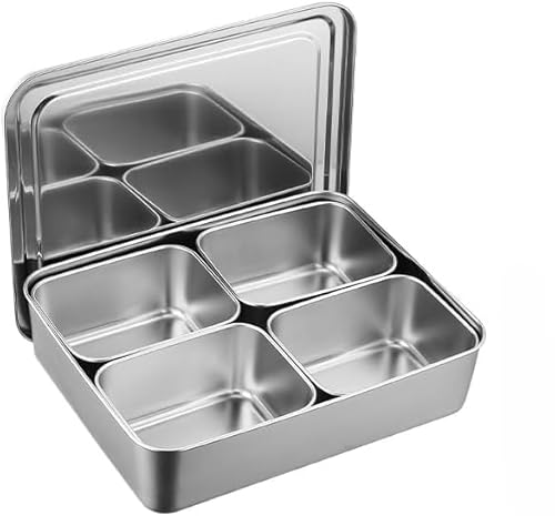 調味料容器 ヤクミ入れ 保存容器(グリッド4/6/8枚)調味料入れ 大容量 ステンレス 深型パット 小分け 薬味入れ 調味料容器 ステンレス 具材 小料理 キッチン 台所 業務用 店舗 屋台 仕込み 厨房用品 調味料 薬味 厨房用品 (4つのグリッド)