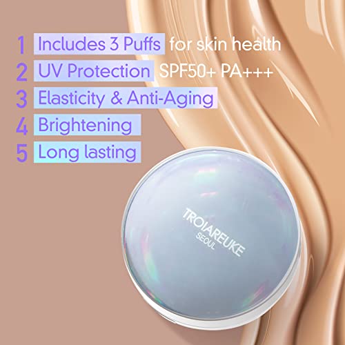Troiareuke Seoul "Bridal" Cushion Foundation (Shade 21 Pink Beige) Natural Coverage Foundation I Wedding Makeup For All Skin Types, Glowing,Flawless Finish I Korean Aesthetic Makeup #TOP2