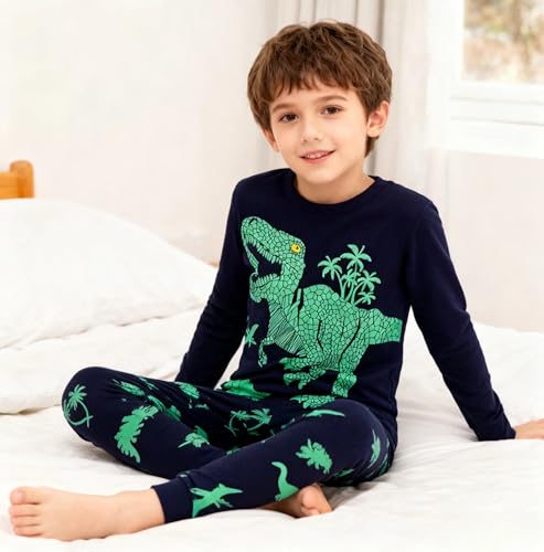 MIXIDON Niño Pijamas Dos Piezas Dinosaurio Ropa de Dormir 100% Algodón Manga Larga Pijamas para Niños,Pattern 6,7-8 Años