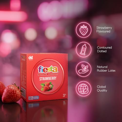 Image of Fiesta Strawberry Flavoured Condoms (12 Pcs) | Pack of 4 x 3 each | Extra Pleasure Dotted Condoms for Men | Dotted for Extra Stimulation | Fruity Strawberry Flavour Condom