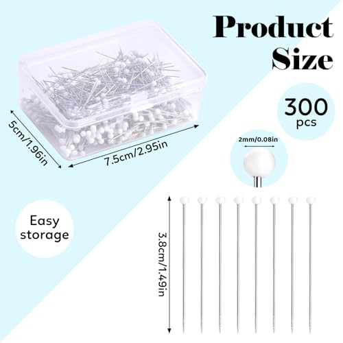 Sewing Pins, 300 PCS Straight Pins for Fabric, White Pearlized Ball Head Quilting Pins Long 1.5inch with Transparent Plastic Box for Dressmaker, Jewelry DIY Decoration and Sewing Project