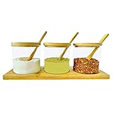 Condiment container seasoning box with spoon, lids and base, Glass kitchen condiment jars for Salt...