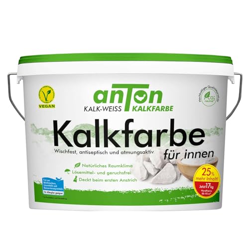 Anton | Wischfeste Kalkfarbe weiß | 8,25Kg | Innen | hoch atmungsaktiv | geruchsfrei | deckt beim ersten Anstrich | für Allergiker | vorbeugend gegen Feuchtigkeit | Reichweite 50m²