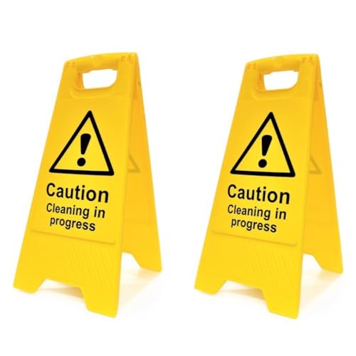 Caution Cleaning In Progress Signs - Pack of 2 | High-Visibility Yellow Folding A-Board Safety Signs | Double-Sided Warning Floor Stands for Cleaners, Shops, Offices & Public Areas