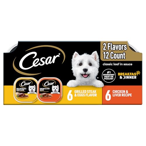 Cesar Wet Dog Food Classic Loaf in Sauce, Beef Recipe, Filet Mignon Flavor, Grilled Chicken Flavor, and Porterhouse Steak Flavor, 3.5 oz. Easy Peel Trays, Variety Pack of 24