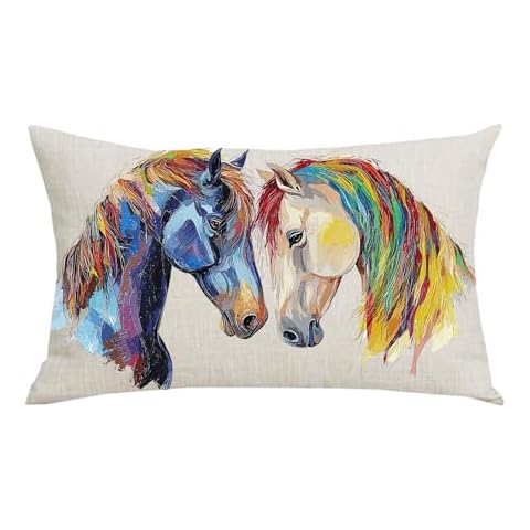 WENIANRU Ink Painting Watercolor Colorful Horse Home Sofa Chair Bed Decoration Lumbar Pillowcase Cotton Linen Decorative Throw Pillow Cover Case Rectangular 12 x 20 Inches Cover