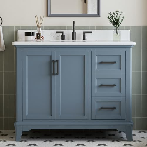 DELUXE LIVING 42 Inch Bathroom Vanity with Sink Fully Assembled Solid Wood Frame Bathroom Vanities with 2 Soft Closing Doors 3 Full Extension Dovetail Drawers Quartz Top Steel Blue