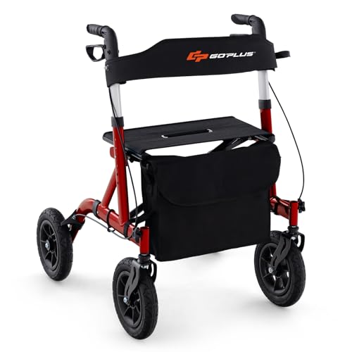 GOPLUS Déambulateur Réglable Hauteur, Déambulateur Pliable avec Siège, Roue Pneumatique Tout Terrain de 24 cm, Sac de Rangement, Capacité de Poids de 160 kg, Déambulateur Léger pour Seniors (Rouge)