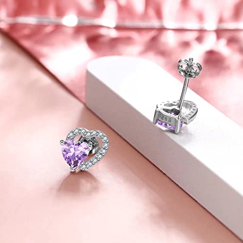 Heart Birthstone Stud Earrings - Sparkling Double Dainty Hollow Hearts Forever Love 925 Sterling Silver Platinum Plated 12 Months Zircon Birthday Gifts for Women Girls2