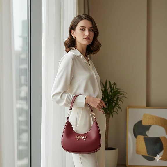 Image of Sky Magic Stylish Bag Women's Hobo Shoulder Bag with Bow Detail, Faux Leather Crossbody Handbag for Women