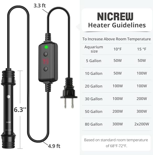 NICREW Aquarium Heater 100W, Temperature Adjustable Fish Tank Heater with Controller for 10-20 Gallon, Overheat Protection - 4