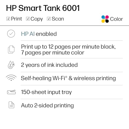 Image of HP Smart Tank 6001 Wireless All-in-One Ink Tank Printer, Scanner, Copier with 2 Years of Ink Included, Best-for-Home, Cartridge-Free Refillable, AI-Enabled (2H0B9A)