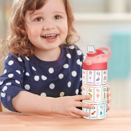 DIGTIA Kids Alphabet Cute Insulated Water Bottle with Straw Handle for Kids 12 OZ Funny Stainless Steel Vacuum Insulated Cup for Hot and Cold Drinks Travel Tumbler for Toddler Girls — view 6