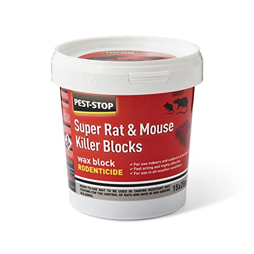 Pest-Stop Super Rat & Mouse Control Wax Blocks – Rodent Bait with Chocolate Scent – Indoor & Outdoor Use – Contains Bromadiolone – Suitable for Bait Stations – 600g Tub