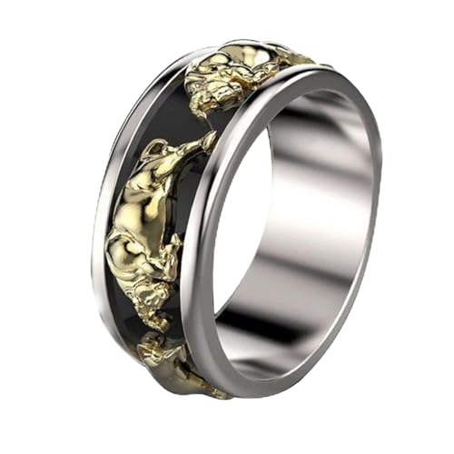 Taurus Bull Ring for Men, Norse Viking Two-color Bull Head Ring, Gold Bull Totem Ring, Vintage Bull Tribal Biker Ring, Taurus Constellation Amulet Ring, Punk Animal Jewelry for Men (9)