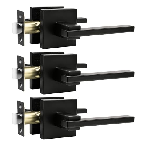 Image of Orger 3 Pack Passage Door Handle Matte Black Non-Locking Door Lever, Interior Hallway and Closet Door Lock Sets with Square Rosette, Modern Door Lock for Right & Left Handed Doors