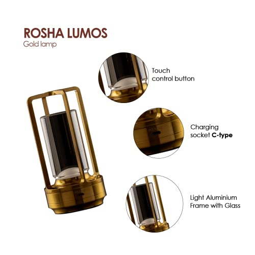 Image of ro:sha Rosha Lumos Wireless Plastic & Acrylic LED Table Lamps | Upto 8-10 Hrs 1800 mAh Rechargeable Batteries | Touch Dimmer Control | 3 Level Brightness (Gold)