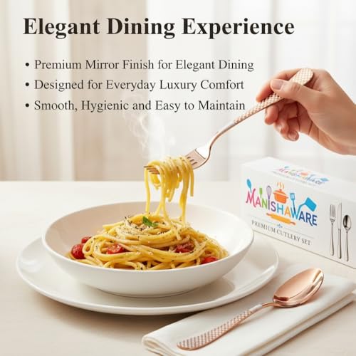 Image of Classic Rose Gold 16 Pcs Stainless Steel Cutlery Set for Dining Table, Dishwasher Safe Glossy Flatware (Perfect Spoon Fork Set)