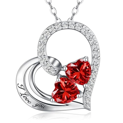 JACUPO Double Birthstone Heart Necklace 0.8CT Dual-Gemstone S925 Sterling Silver Plated White Gold Engraved 