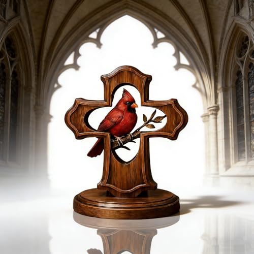 Handcrafted Cardinal Cross Ornament, Wooden Memorial Gift with Crimson Cardinal and Olive Branch Design for Bereavement Sympathy, Remembrance Keepsake for Home Decor (1 PCS)