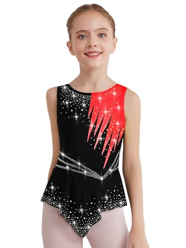 Yyuihri Mädchen Turnanzug Glitzer Gymnastik Trikot Netz Tanzbody Eiskunstlauf Kleid Kinder Lyrische Tanzkleidung Rot 158-164