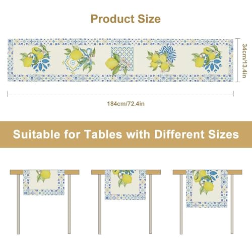 Image of Mediterranean Lemon Table Runner - Blue Tile Border with Watercolor Yellow Lemons and Floral Design - Summer Dining Table Decor for Kitchen or Patio 13x72 Inch