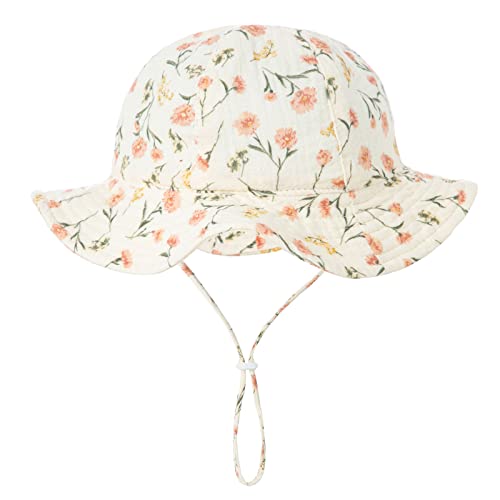 Carolilly Chapeau Soleil Bébé Fille Eté Anti-UV en Coton Casual Plage Vacances 0 à 4 Ans, Beige Fleurs B, 0-12 Mois