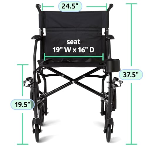 Image of Medline Ultra Lightweight Transport Wheelchair for Adults, Foldable, 19-Inch Seat Width, Black Frame, Black Upholstery
