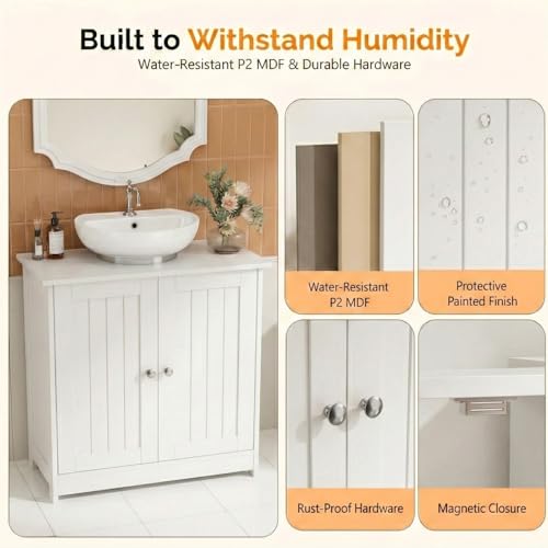 Bonnlo Pedestal Sink Storage Cabinet with 2 Doors Traditional Under Sink Cabinet Bathroom Space Saver Organizer with Adjustable Shelf White 23 5/8" W x 11 7/16" D x 23 5/8" H - Thumbnail 5