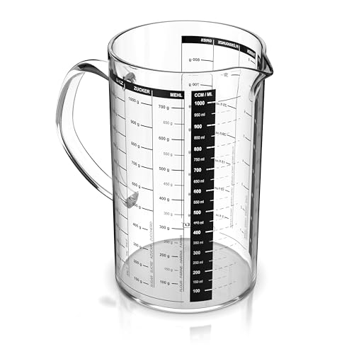 Arendo - Messbecher Glas 1l - 1000 ml Glasmessbecher – Borosilikatglas – für Mehl Zucker Gewürze Flüssigkeiten Süßigkeiten – Glasbehälter - lebensmittelecht