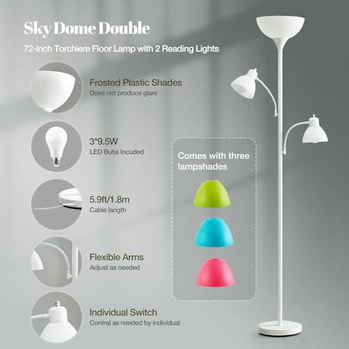 Image of White Floor Lamp, 72 inch Tall Standing Floor Lamp with 5 Replace Lampshades | Torchiere Lamps with 8W Adjustable Reading Lights, Floor Lamps for Living Room, Bedroom, Office, Bulbs Included