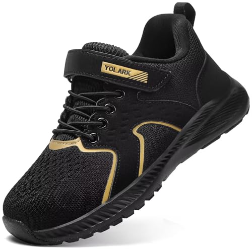 YOLARK Kids Sneakers for Boys Girls Running Tennis Shoes Non-Slip Hiking Walking Shoes Lightweight Breathable Sport Athletic?Black Big 1?