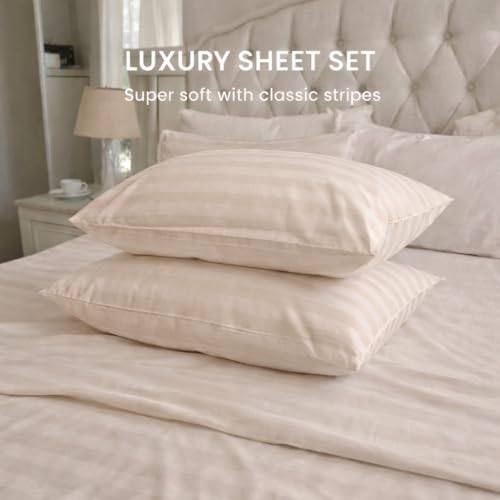 Image of Double Size Bedsheets for Single Bed 600 TC - Cotton Elastic Fitted Sheet (48 x 78 Inches) with 10 Inch Drop- Color Taupe Stripe [ Fitted Sheet with 2 Pillow Cover]