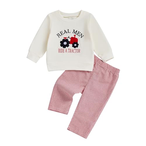 Toddler Baby Boy Fall Clothes Tractor Long Sleeve Pullover Sweatshirt Tops Plaid Pants Set Winter Outfit 0-3T