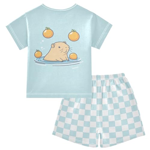 Checkerboard Plaid Capybara Oranges Pajama Set Short Sleeve Sleepwear Soft Pajamas Shorts Sets Cotton PJS 5Y2