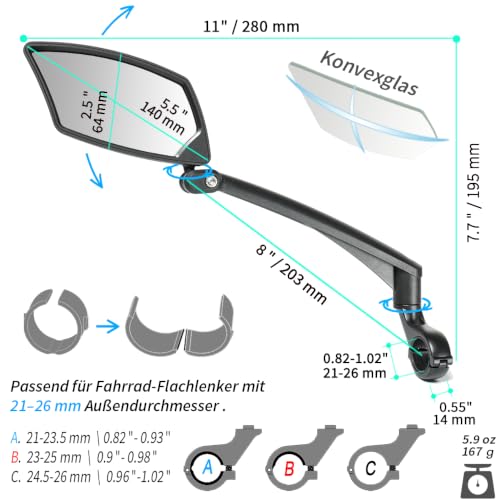 BriskMore Lenker Fahrradspiegel, kratzfeste Glaslinse, einstellbare und drehbare sichere Rücksicht Fahrradspiegel für linke Seite BT-016L – Ansicht 5