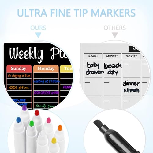 Magnetische Monatstafel für Küchenkühlschrank mit 8 farbigen Kreidemarkern, 40,6 x 30,5 cm, trocken abwischbar, Wochenplaner und Einkaufsliste, Notizblock, Kreidetafel für Kühlschrank, Schwarz
