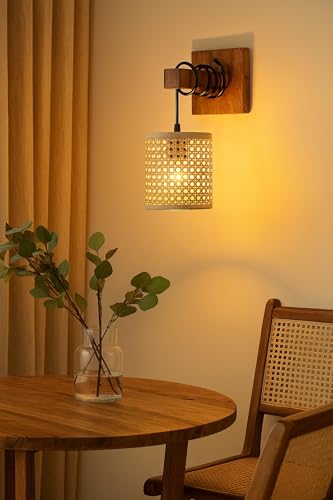 Image of AKWAY Rattan wall Lamps for Living Room | Bamboo wall Lights for Bedroom | Cane wall scones for Home Decoration (Bulb Not Included) (Rattan Eye Webbing Hang)