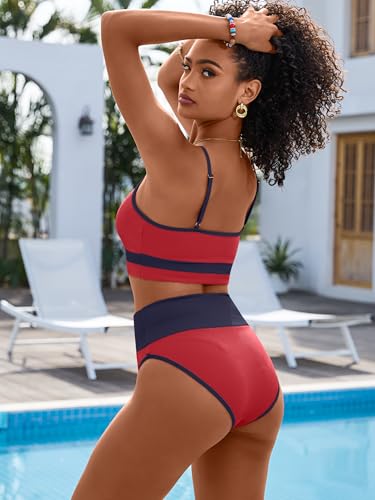 Image of ANRABESS Women's High Waisted Bikini Sets,Color Block 2 Piece Swimsuits,Tummy Control Bathing Suits,Thick Ribbed Beach Wear