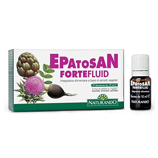 Naturando Epatosan Forte Fluid Complemento Alimenticio Para La Función Hepática con Colina, Alcachofa y Cardo mariano - 10 Viales 10 ml Sin Gluten Vegano