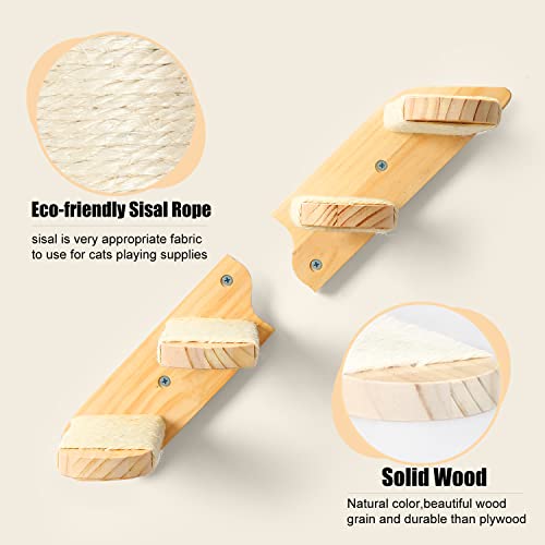 Cat Wall Steps Shelves Cat Climbing Shelf Reversible Wall Mounted, Wooden Four Step Stairway with Scratching Sisal Rope for Cats Perch Platform Supplies