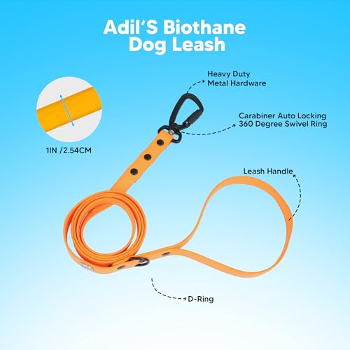 Image of Adil's Biothane Dog Leash - Waterproof Leashes for Dogs, Metal Hook, Adjustable 5ft Length Suitable for Dogs & Puppies, Ideal for Walking, Running & Training (Orange)