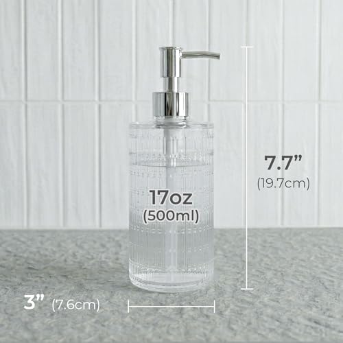 Image of Fluted Glass Hand Soap Dispenser with Slim Silver Pump for Bathroom, 17oz | Vintage Art Deco Reeded Glass, Refillable Clear Ribbed Bottle, Rust-Proof Pump, for Kitchen Countertop