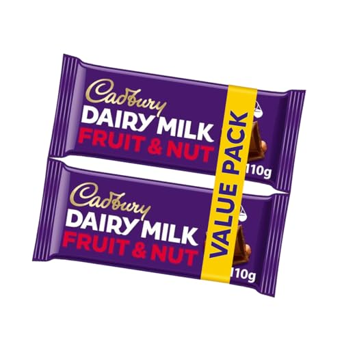 Cadbury Dairy Milk Fruit & Nut 220g - Creamy Milk Chocolate with Raisins & Almonds Indulgent Snack Bar Duo Sharing Pack Great Dessert Option Perfect Treat Idea for Gifting (2x110g)