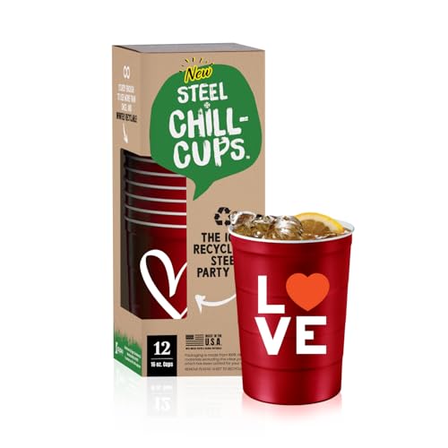 Steel Chill Cups 16 oz. Reusable Party Cups, Love & Heart Design, 12 Count