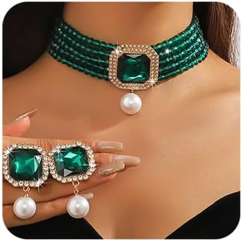 Octwine Boho 1920s Layered Pearls Rhinestones Choker Necklace Earrings Set Trendy Retro Black Red Necklace Dainty Bride Wedding Crystal Necklace Earrings Set for Women